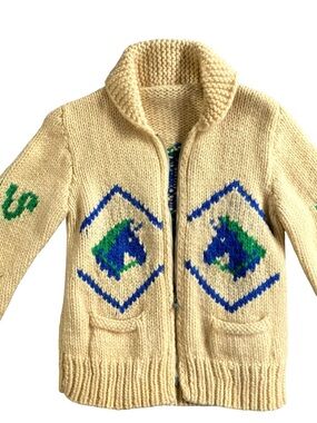 Mary Maxim 1950’s Cowichan sweater in cream with blue/ green horse graphic Youth